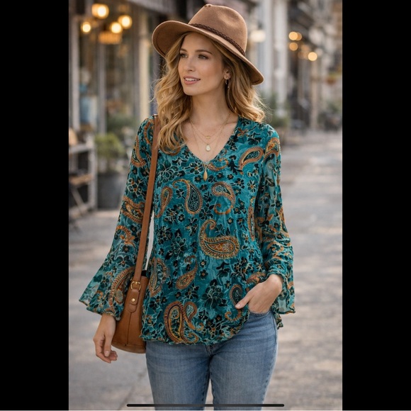 The Pyramid Collection Tops - Velvet Burnout Boho Blouse Teal Paisley Tunic Festival Top S